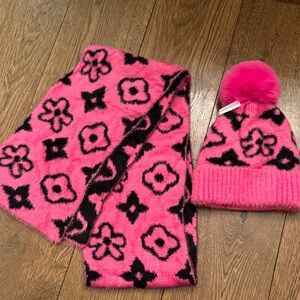 Pink and Black Winter Hat and Scarf Set